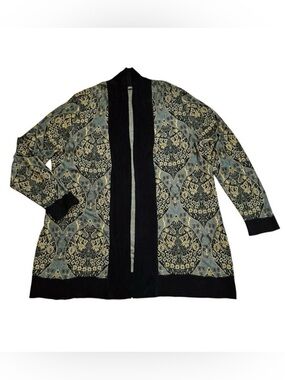 Peruvian Connection Printmaker Jacquard Knit Cardigan Pima Cotton Gold/Black  XL